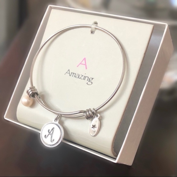 A Amazing / Initial Pearl Silver Adjustable Charm Bangle by Unwritten - Picture 9 of 13